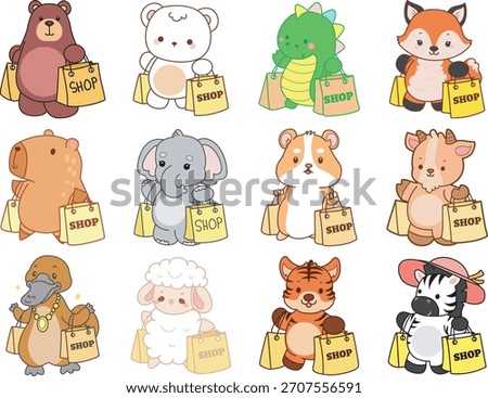Cute wild animal elements icon. Fluffy pet stickers. Animals bring a shopping bag