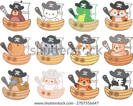 Cute wild animal elements icon. Fluffy pet stickers. Animals with pirates costume