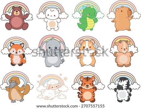 Cute wild animal elements icon. Fluffy pet stickers. Animals in front of the rainbow