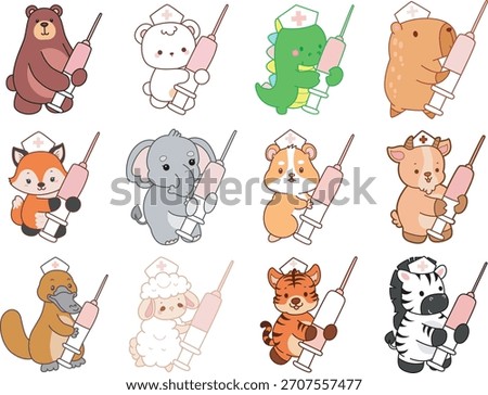 Cute wild animal elements icon. Fluffy pet stickers. Animals bring a syringe