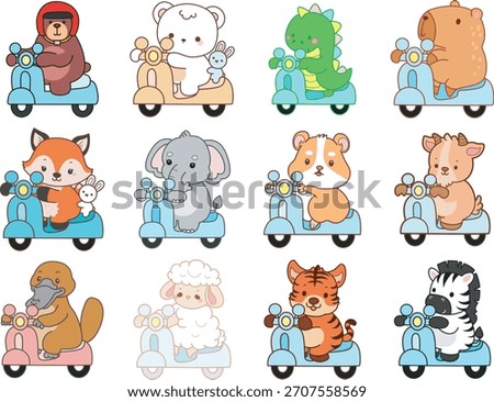 Cute wild animal elements icon. Fluffy pet stickers. Animals riding a scooter