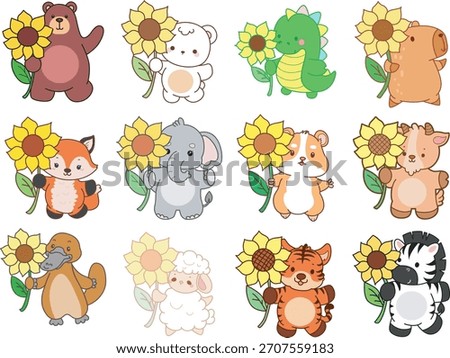 Cute wild animal elements icon. Fluffy pet stickers. Animals bring a sun flower