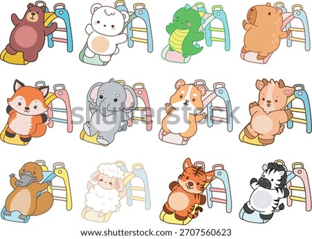 Cute wild animal elements icon. Fluffy pet stickers. Animals playing a sliding
