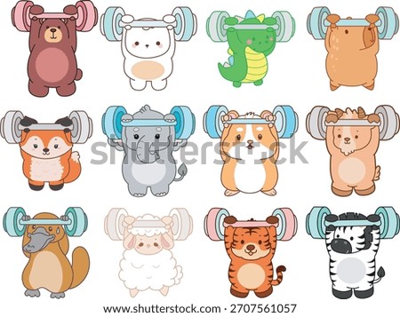 Cute wild animal elements icon. Fluffy pet stickers. Animals lifting a dumbbell