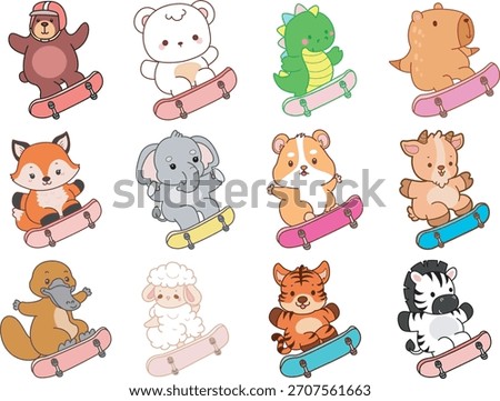 Cute wild animal elements icon. Fluffy pet stickers. Animals playing skateboard