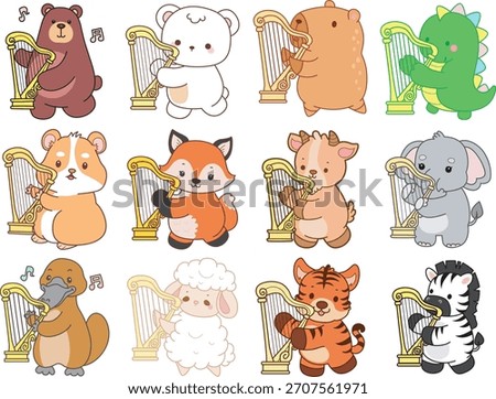 Cute wild animal elements icon. Fluffy pet stickers. Animals playing a harpa