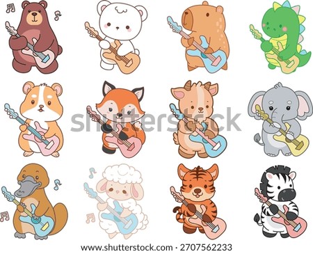 Cute wild animal elements icon. Fluffy pet stickers. Animals playing a guitar 