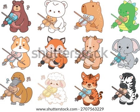 Cute wild animal elements icon. Fluffy pet stickers. Animals playing a violin
