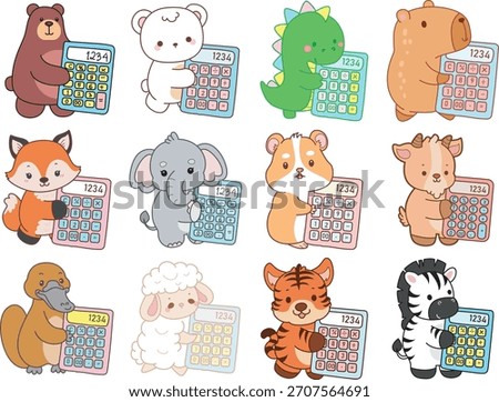 Cute wild animal elements icon. Fluffy pet stickers. Animals bring a calculator