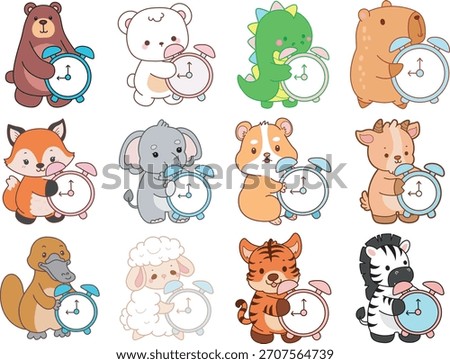 Cute wild animal elements icon. Fluffy pet stickers. Animals bring an alarm clock