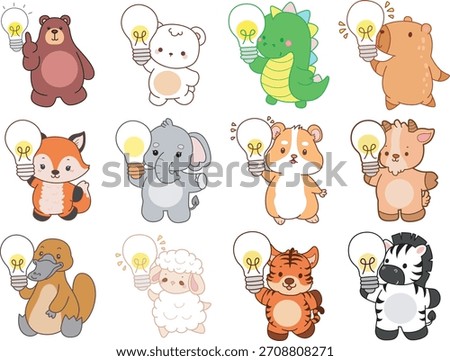 Cute wild animal elements icon. Fluffy pet stickers. Animals bring a lamp