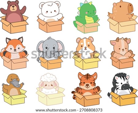 Cute wild animal elements icon. Fluffy pet stickers. Animals stuck in the box