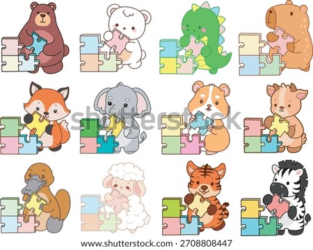 Cute wild animal elements icon. Fluffy pet stickers. Animals playing a puzzle