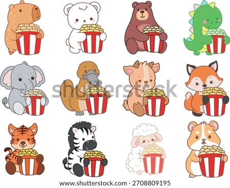 Cute wild animal elements icon. Fluffy pet stickers. Animals bring a popcorn