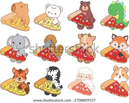 Cute wild animal elements icon. Fluffy pet stickers. Animals bring a pizza 