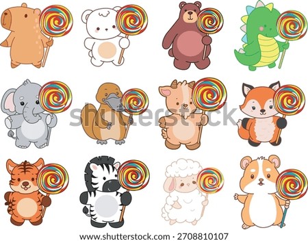 Cute wild animal elements icon. Fluffy pet stickers. Animals bring a lollipop