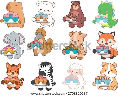 Cute wild animal elements icon. Fluffy pet stickers. Animals bring a three cupcakes
