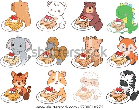 Cute wild animal elements icon. Fluffy pet stickers. Animals bring a strawberry bread