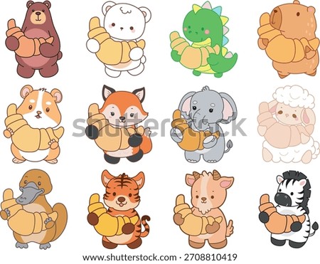 Cute wild animal elements icon. Fluffy pet stickers. Animals bring a bread