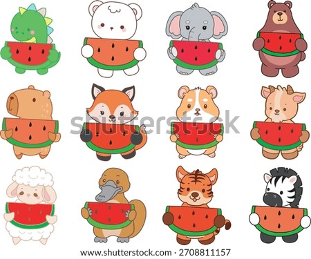Cute wild animal elements icon. Fluffy pet stickers. Animals bring a watermelon 