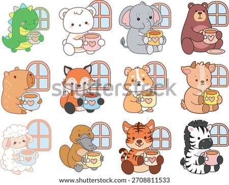 Cute wild animal elements icon. Fluffy pet stickers. Animals bring a hot tea
