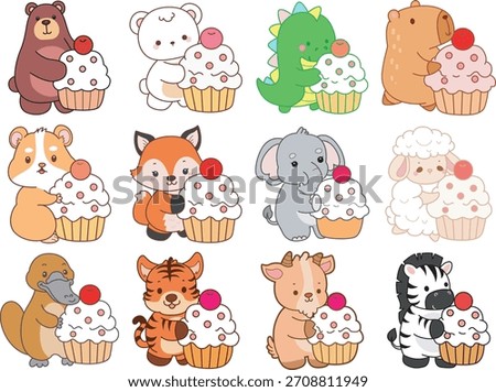 Cute wild animal elements icon. Fluffy pet stickers. Animals bring a creamy cupcake