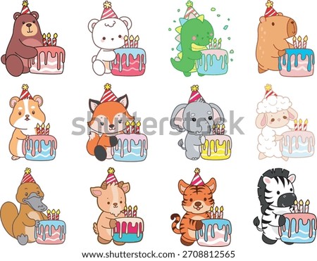 Cute wild animal elements icon. Fluffy pet stickers. Animals bring a birthday cake 