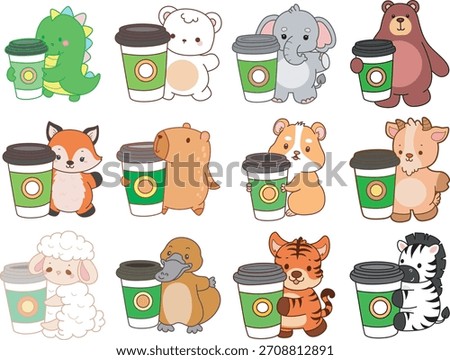 Cute wild animal elements icon. Fluffy pet stickers. Animals bring a cup of coffee