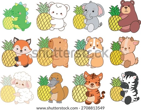 Cute wild animal elements icon. Fluffy pet stickers. Animals bring a pineapple
