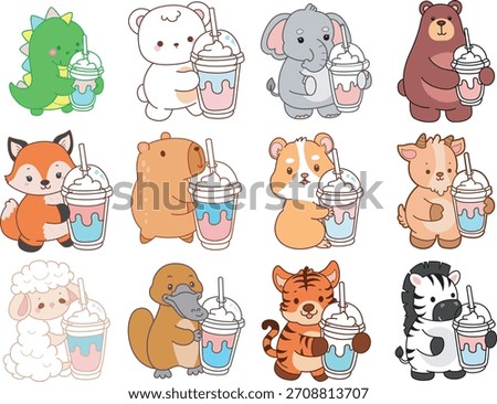 Cute wild animal elements icon. Fluffy pet stickers. Animals bring a milkshake
