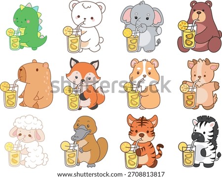Cute wild animal elements icon. Fluffy pet stickers. Animals drinking an orange juice
