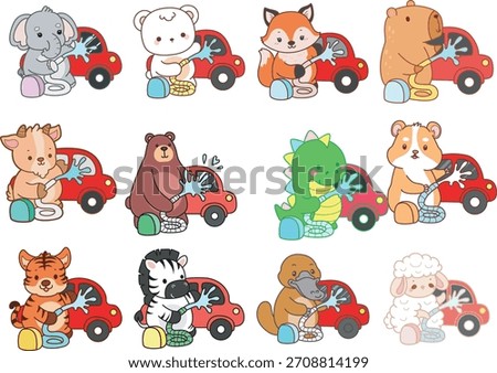 Cute wild animal elements icon. Fluffy pet stickers. Animals washing a car