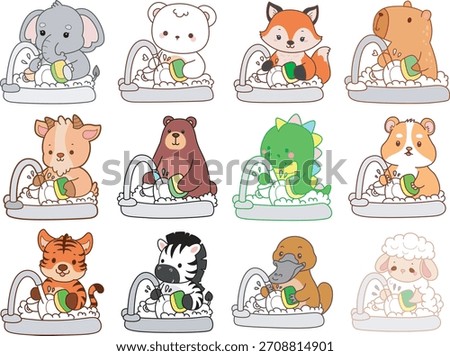 Cute wild animal elements icon. Fluffy pet stickers. Animals cleaning the plate in the sink