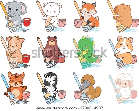 Cute wild animal elements icon. Fluffy pet stickers. Animals mop the floor