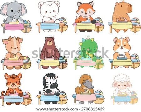 Cute wild animal elements icon. Fluffy pet stickers. Animals ironing the clothes 
