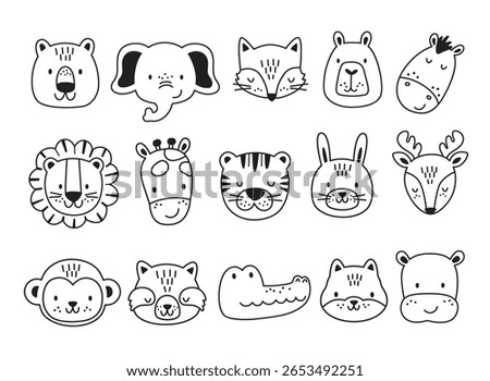 Cute wild animal faces in black and white outline drawings, vector illustration. The set comes with 15 jungle animal faces, including a tiger, lion, elephant, fox, bear, capybara, giraffe, zebra.