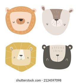 Cute wild animal faces. Hand drawn characters of lions and bears in simple naive Scandinavian style. Sweet funny animals. Vector illustration isolated on white background.
