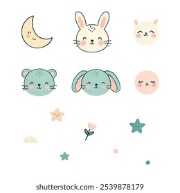 Cute wild animal faces set. Weather icons, kids friendly design. Rainbows and stars clipart for prints, t-shirts, holiday invitations, cards for children.