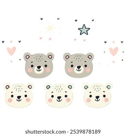 Cute wild animal faces set. Weather icons, kids friendly design. Hearts and stars clipart for prints, t-shirts, holiday invitations, cards for children.