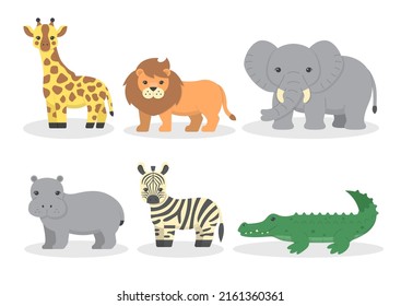 Cute wild animal with Giraffe, lion, elephant, hippo, zebra and crocodile, Hand drawing in cartoon characters on white background,  Vector illustration