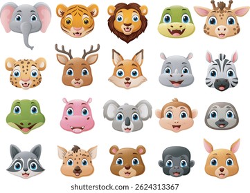 Cute wild animal head. cartoon set collection