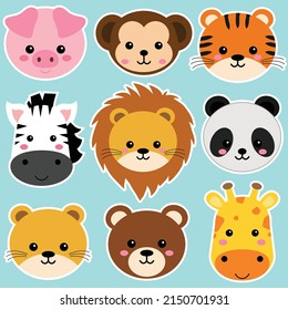 Cute wild animal heads set including lion, tiger, pig, bear, lioness, panda, monkey, zebra, and giraffe. Safari jungle animals vector. Woodland animal illustration