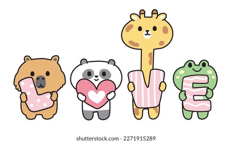 Cute wild animal hold love alphabet on white background.Wild animal character cartoon design.Valentines day.Capybara,panda bear,giraffe,frog hand drawn.Kawaii.Vector.Illustration.