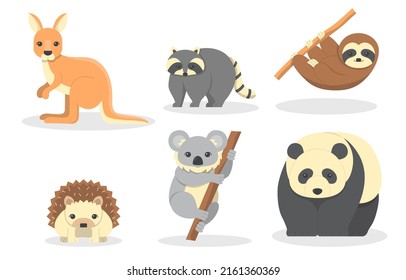 Cute wild animal with Kangaroo, raccoon, armadillo, hedgehog, koala and panda., Hand drawing in cartoon characters on white background,  Vector illustration