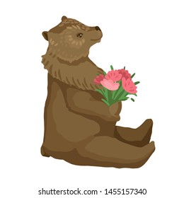 A cute wild animal, a kind bear, gather flowers, give a bouquet, a postcard with congratulations, an isolated character on a white background. Vector flat cartoon illustration