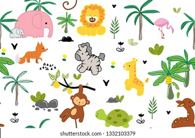 Cute wild animal  pattern with bear,giraffe,monkey,elephant, lion and plant tropical elements. African safari.Creative jungle childish texture.Vector illustration