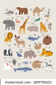 Cute Wild Animals Alphabet - Vector Illustration. ABC - Armadillo,
Bear, Camel, Deer, Elephant, Iguana, Flamingo, Giraffe. Cartoon Doodle Characters In Scandinavian Style For Children