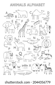 Cute wild animals Alphabet - Vector illustration. ABC Poster Cartoon doodle characters in scandinavian style for children - coloring page. Big coloring poster