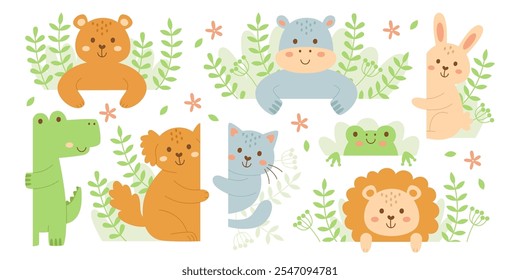 Süße wilde Tiere Baby-Figuren aus Blick hinter natürlichen Bannern Blumen Rahmen Set. Bär, Nilpferd, Hase, Krokodil, Koala, Katze, Löwe, Frosch in kindlicher Vektorgrafik