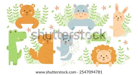 Cute wild animals baby characters peeking out from behind natural banners floral frame set. Bear, hippopotamus, bunny, crocodile, koala, cat, lion, frog in childish style vector illustration